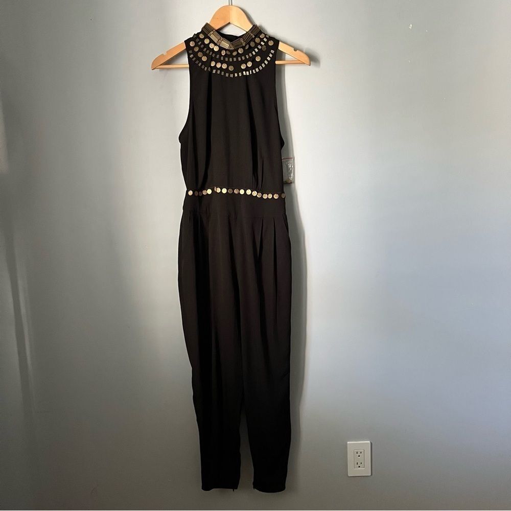 Free People Bohemian Soul Gold Coin Embellished Black Halter Neck Catsuit Size 4 - Picture 3 of 16